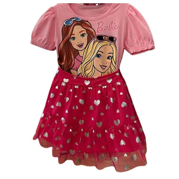 CONJUNTO BARBIE E SAIA TULE CORAÇÕES MENINA