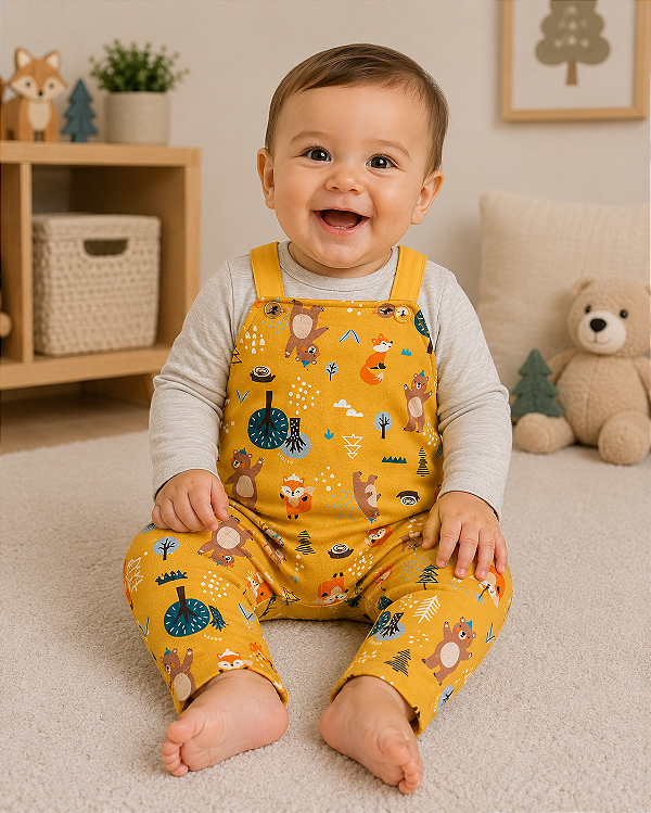 Jardineira Bebê Menino Bichinhos da Floresta com Blusa Manga Longa Conjunto Infantil Confortável