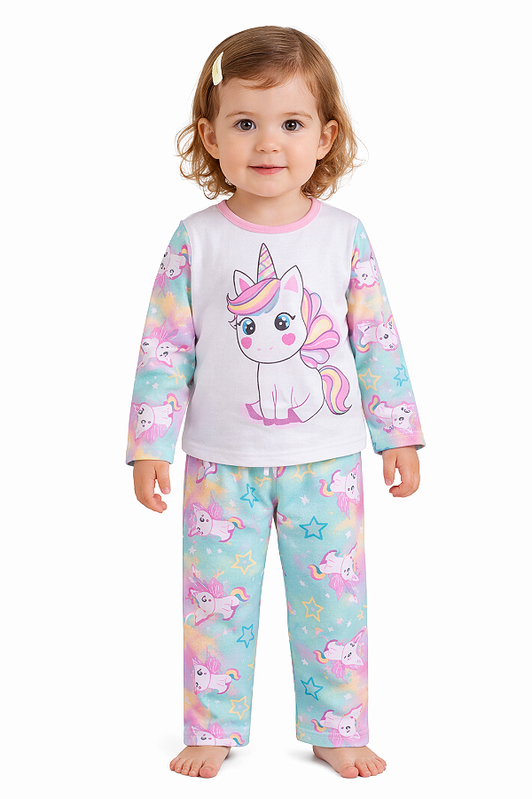 Pijama Infantil Menina Unicórnio Manga Longa em Suedine – Conjunto Confortável | Dinococois