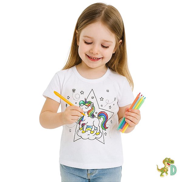 Blusa Colorir Unicónio acompanha 6 canetinhas e bolsa
