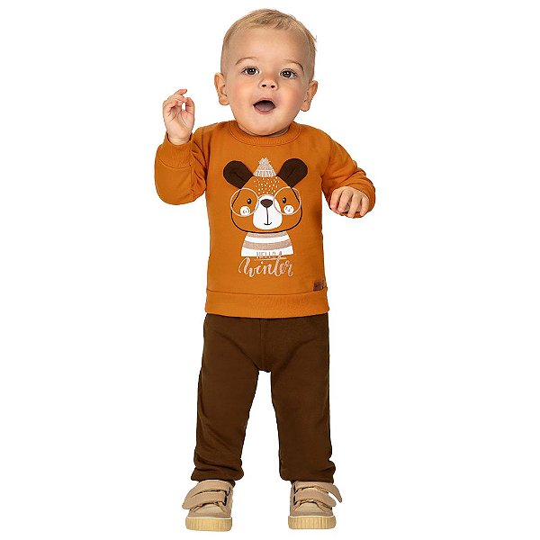 Conjunto Infantil de Moletom Inverno Ursinho Hello Winter – Blusa e Calça Quentinha
