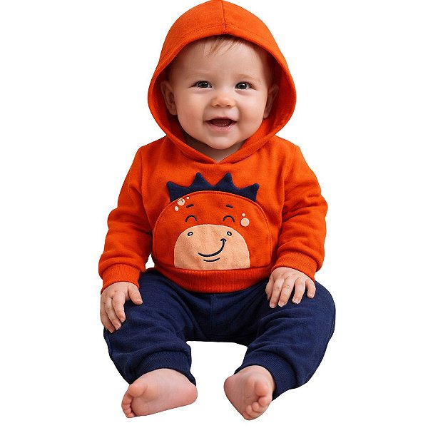 Conjunto Infantil de Moletom com Capuz Dinossauro – Blusa e Calça Inverno
