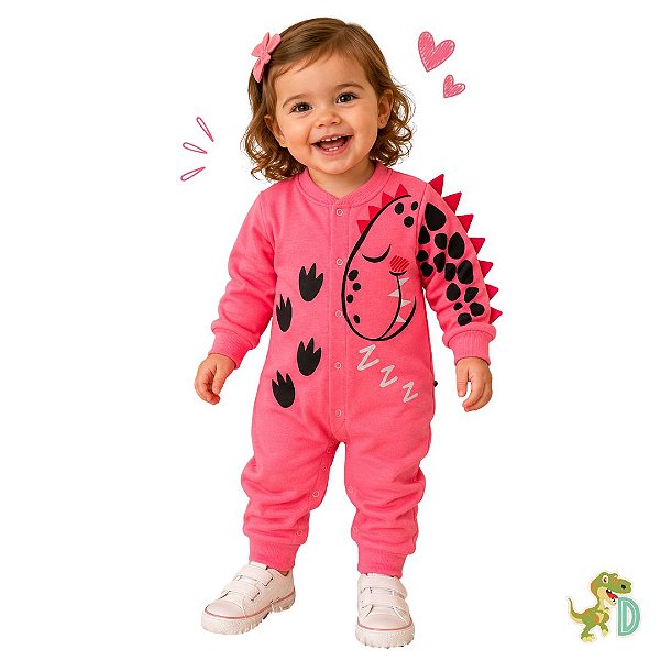 Macacão Pijama Infantil Feminino Dinossauro Rosa em Moletom