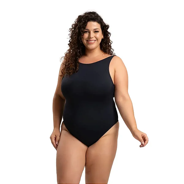 Body Maiô Plus Size Praia Liso Decote Costas Nua Sem Bojo Preto