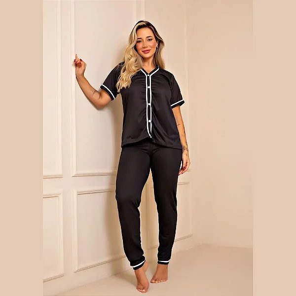 Pijama Longo Americano Malha Manga Curto Confortável Blogueira Preto