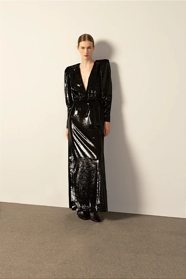 VESTIDO LONGO DECOTE V LAME PRETO