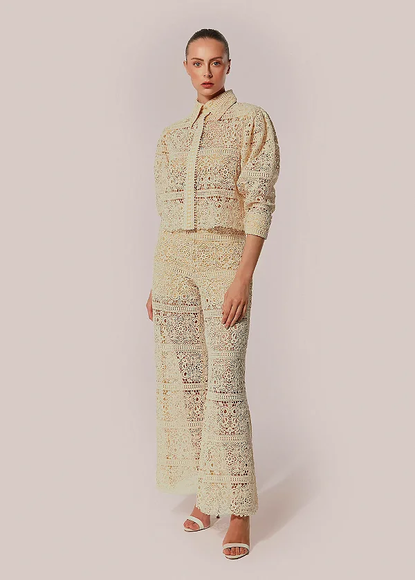 CONJUTO CAMISA M/L E CALÇA PANTALONA BORDADA INCANTO OFF WHITE