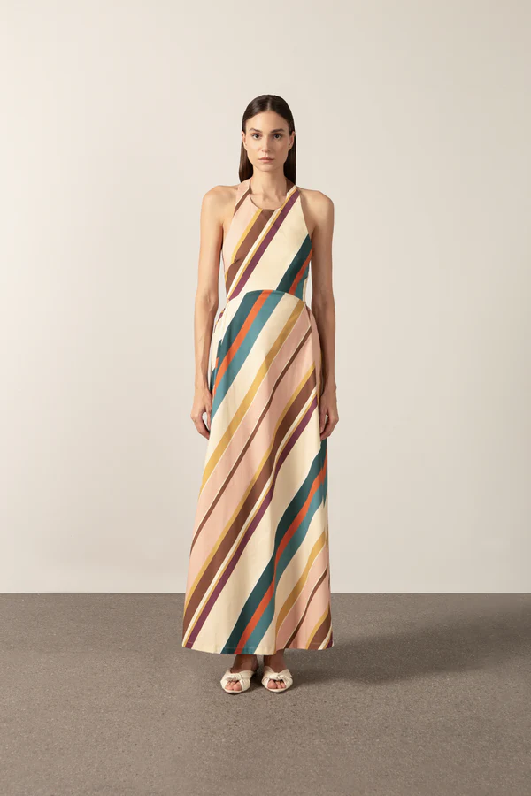 Vestido Longo Laço Costas Listras Diagonais