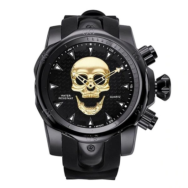 Relógio Masculino Big Dial Skull - Preto com Dourado - Aço Inox