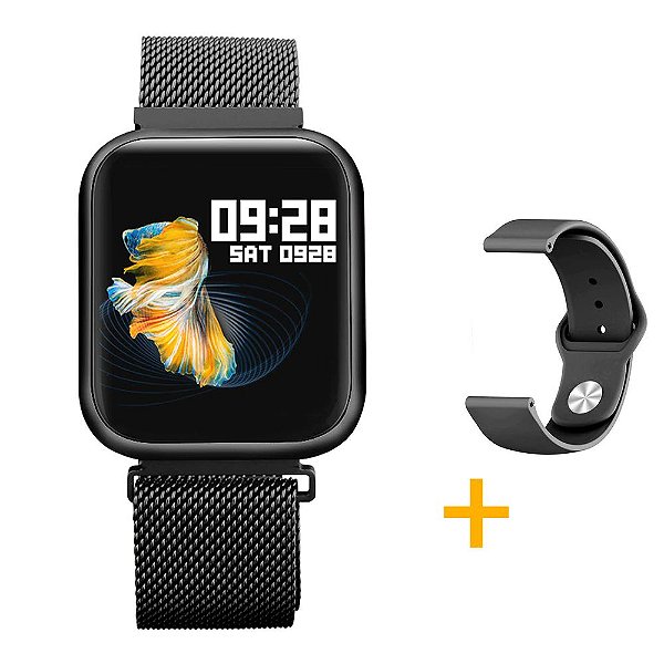Relógio Eletrônico Smartwatch CF P80 - Preto + Pulseira Extra Silicone Preto - Android e IOS