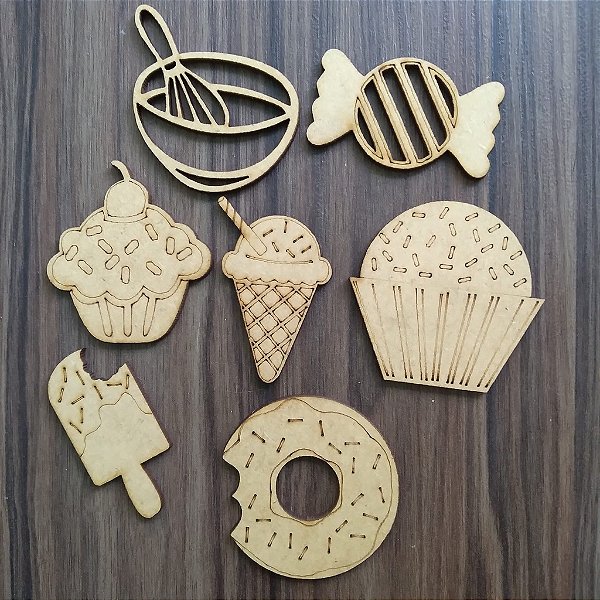 Aplique Confeitaria variados 15 unidades MDF