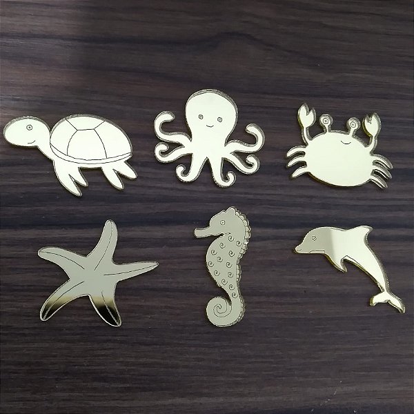 Aplique Fundo do Mar variados 12 unidades acrílico dourado