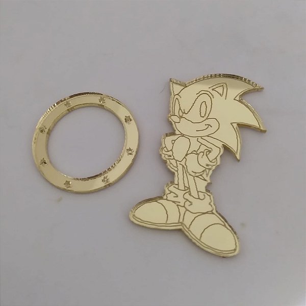 Aplique Sonic e Anel Dourado 15 unidades acrílico espelhado
