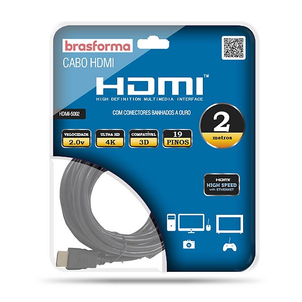 Cabo HDMI 2.0v 4K Ultra HD 3D com 2 metros - Brasforma HDMI-5002