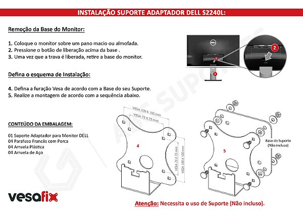 Adaptateur VESA 75x75 Mm Pour Moniteurs Dell S2240L, S2240M, S2340L, S2340M, S2440L - Permet Le Montage Sur Bras Ou Support Mural