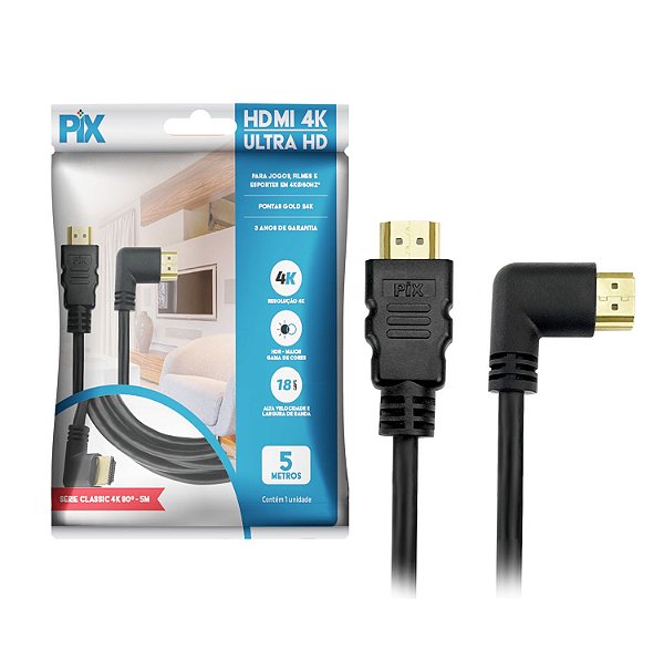 Cabo HDMI 2.0v 4K Ultra HD 3D PLUG 90 Graus com 5 metros - PIX 018-3325