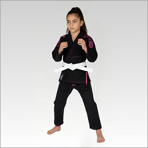 Kimono Preto Com Costura Rosa Infantil Feminino