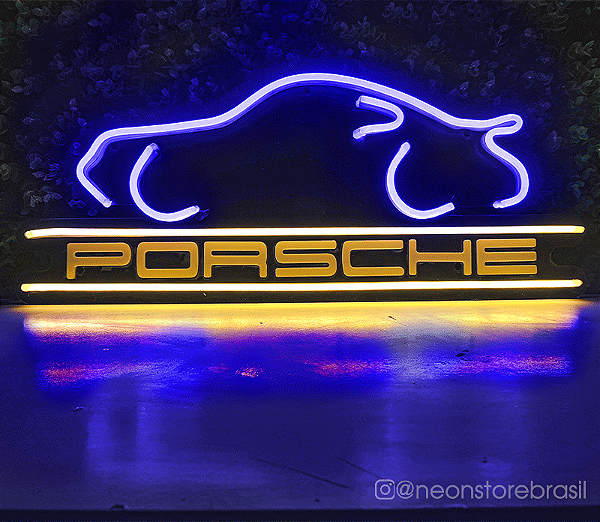 Porsche - Luminária em Neon de LED (A=20cm x L=50cm) - Fundo Preto / Letras Brancas