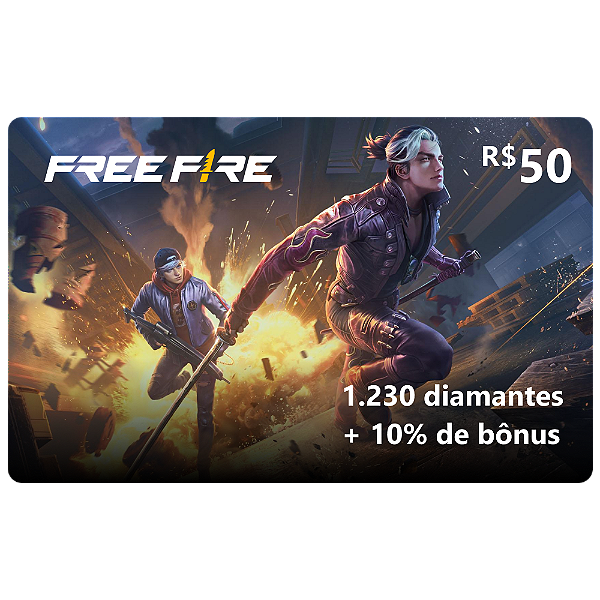 Free Fire 1.230 diamantes + 10% de bônus código digital cartão recarga