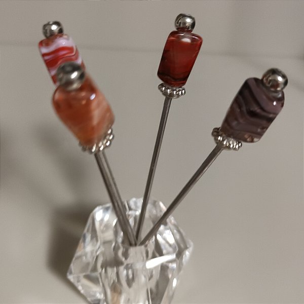 Kit 4 Pega Petiscos Haste Inox 10cm Sextavados Murano+Base de Apoio Acrílico