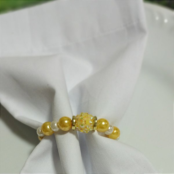 Kit 6 Porta-guardanapos de Pérolas de Porcelana Amarelo c/ Branco 6mm