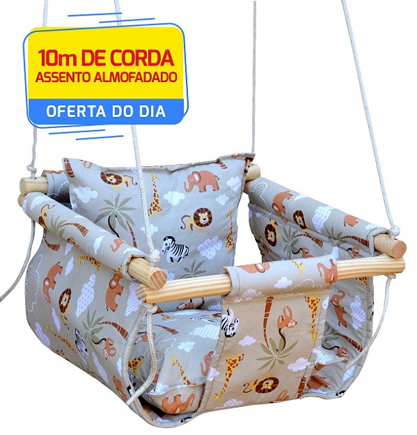 Balanço Infantil Bebê Tecido Madeira Corda Com Almofada - Bege Zoo