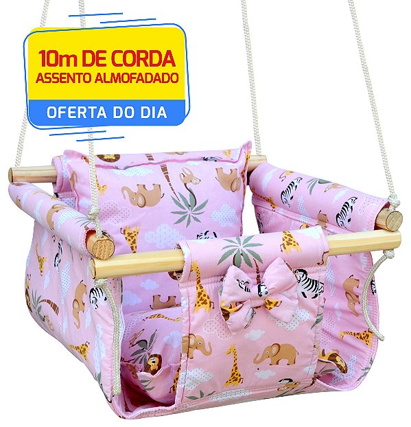 Balanço Infantil Bebê Tecido Madeira Corda Com Almofada - Rosa Zoo