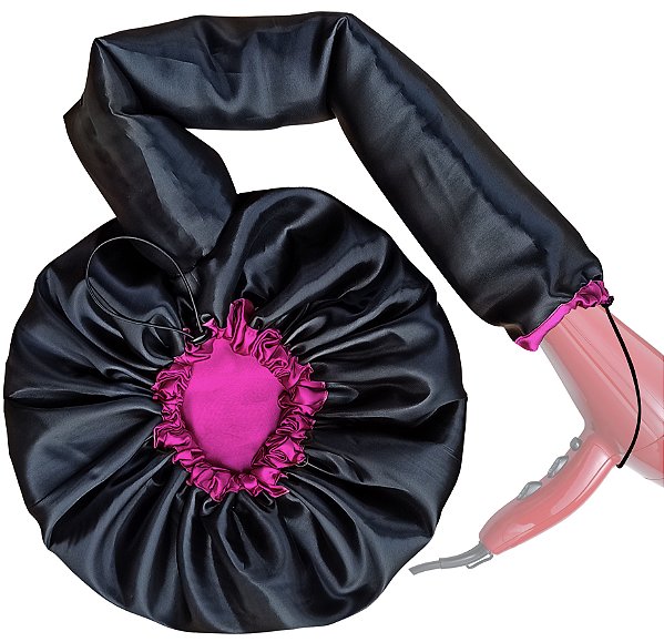 Touca Difusora Cetim Dupla Face Secadora Anti-frizz Seda - Preto / Pink