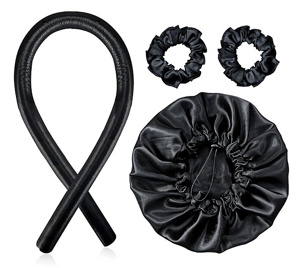Modelador de Cachos Cetim Curling Rod + Touca Cetim Dupla Face + 2 Xuxinhas - Preto