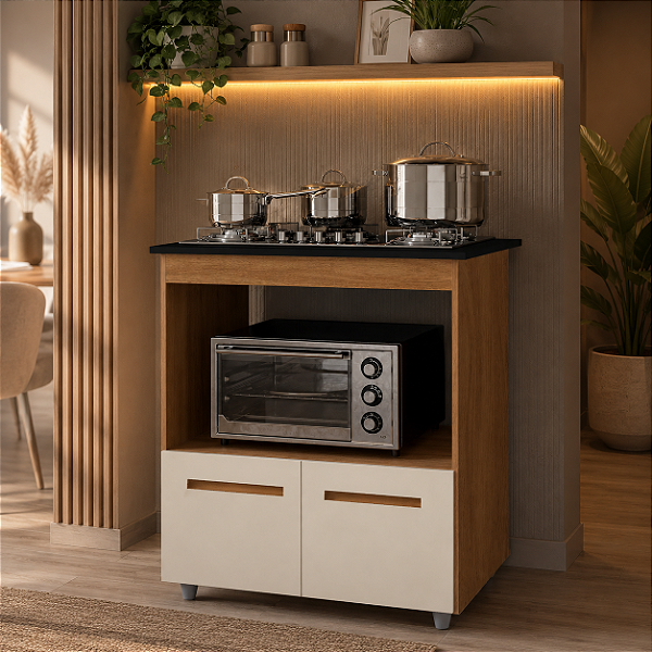 Balcão Elisa 2 Portas Para Cooktop 4 Bocas E Forno Savana/Off White