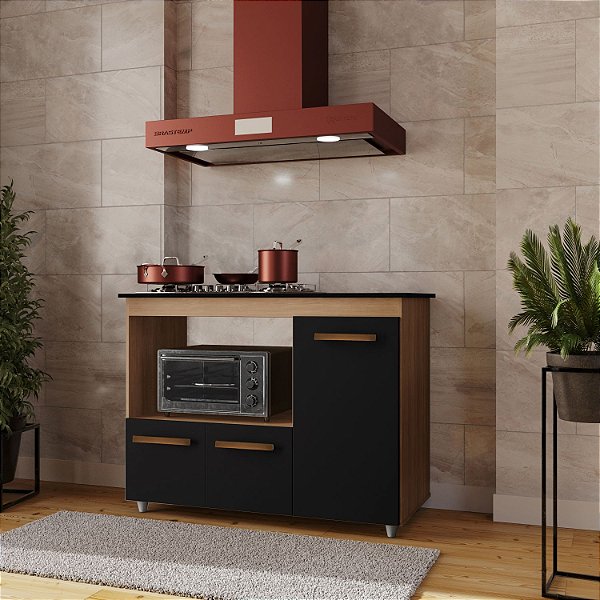 Balcão Ana para Cooktop 4 Bocas SAVANA/PRETO com 3 Portas Cozinha – Móvel de Cozinha Funcional