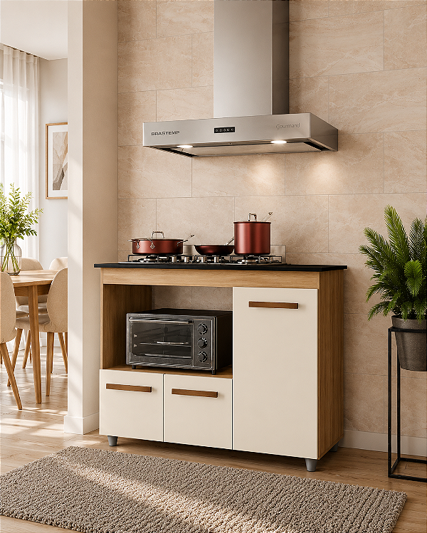 Balcão Ana para Cooktop 4 Bocas SAVANA/OFF WHITE com 3 Portas Cozinha – Móvel de Cozinha Funcional