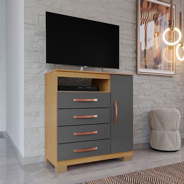 Cômoda Sapateira Cannes Carvalho Amer. Grafite Porta e Prateleira + 4 Gavetas