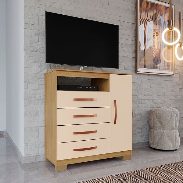 Cômoda Sapateira Cannes Carvalho Off White Porta e Prateleira + 4 Gavetas