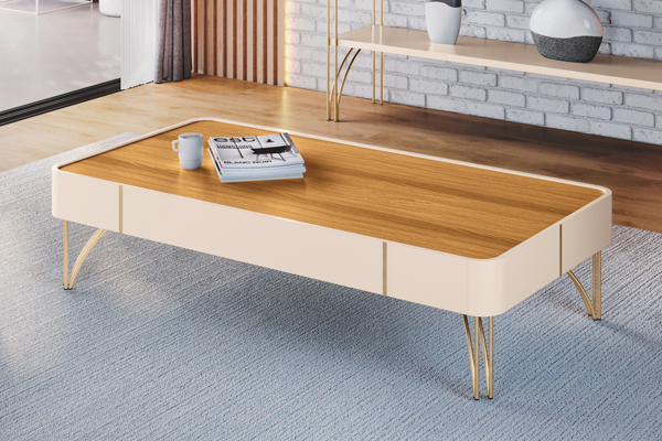 Mesa De Centro Cadenza Cinamomo Off White Pés Em Aço Maciço Off White/cinamomo