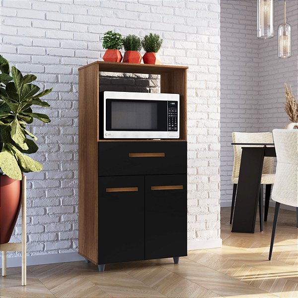 Balcão Luna Multiuso 02 Portas P/ Forno E Microondas Compacto Savana/Preto