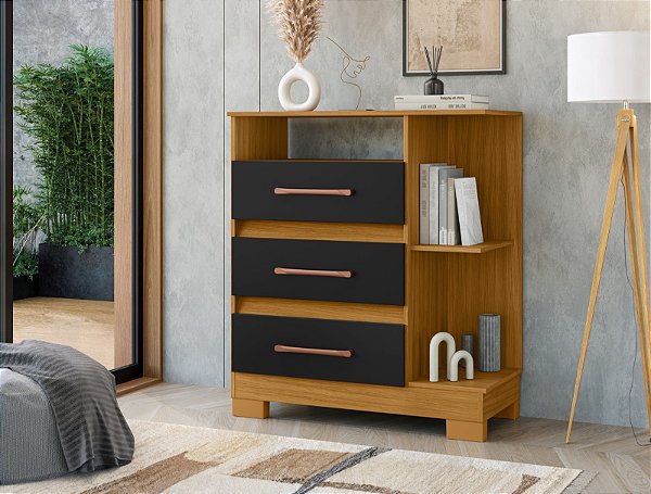 Cômoda Liz Organizadora Carvalho Preto com 3 Gavetas e 2 Nichos | Espaçosa e Funcional