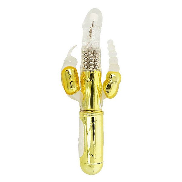 (ZXT-3) Vibrador Rabbit Rotativo com Estimulador de Clitóris e Ânus - Dourado - Recarregável
