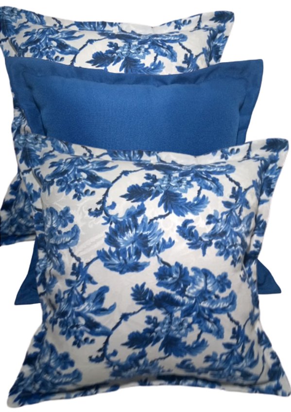 Kit Trio de Almofadas Decorativas Floral Azul R01