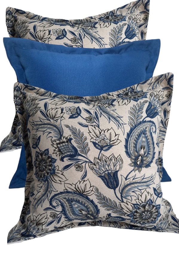 Kit Trio de Almofadas Decorativas Floral Azul R02