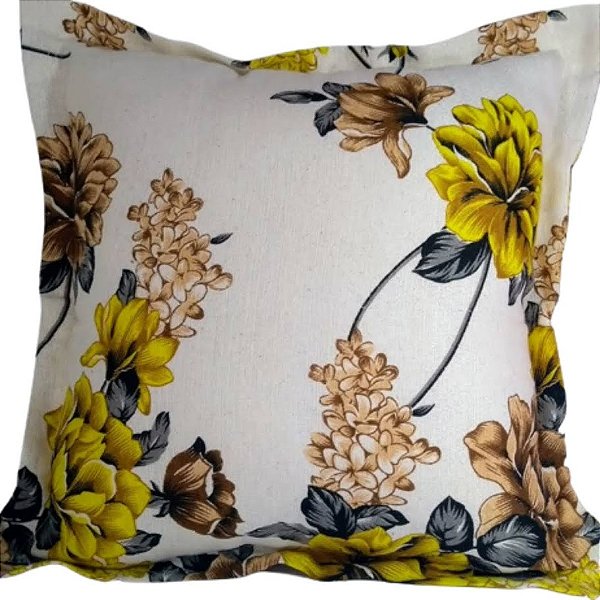 Capa Gorgurinho Decorativa p/ Almofada 43x43cm Floral Amarelo com Abas