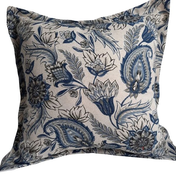 Capa Gorgurinho Rústico Decorativa p/ Almofada 43x43cm Floral Azul com Abas