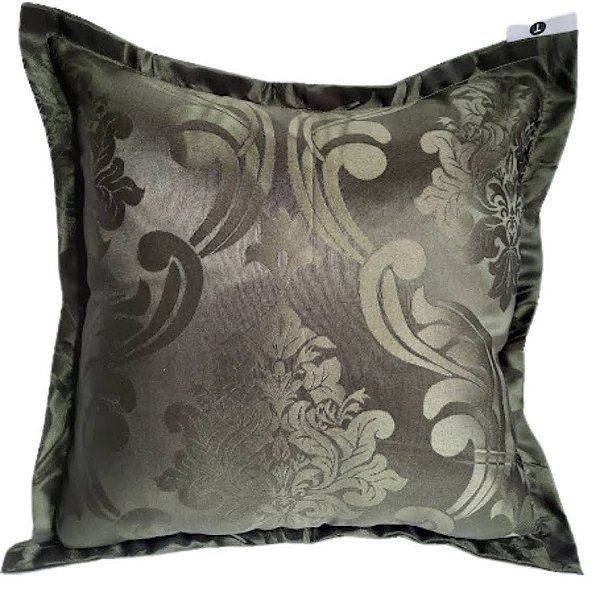 Capa Jacquard Bordada Decorativa p/ Almofada 43x43cm Cinza Chumbo com Abas