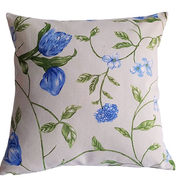 Capa Linho Decorativa para Almofada 45x45cm Floral Azul e Verde
