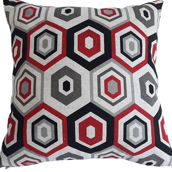 Capa Linho Decorativa para Almofada 45x45cm Hexágono Vermelha
