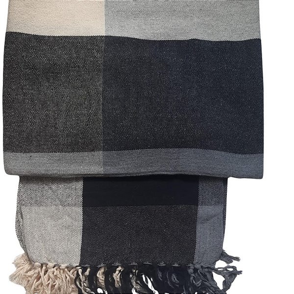 Manta Decorativa Tear tam. Solteiro Xadrez - Preta / Cru / Cinza