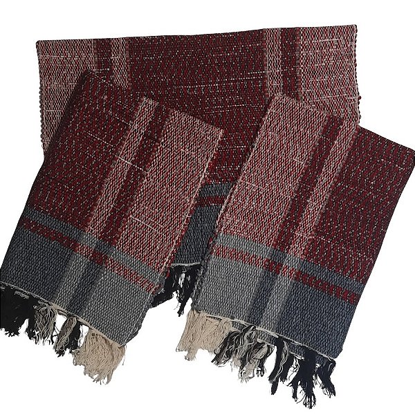 kit 3 Peças Tapete Artesanal Fio de MalhaMoldura Bordô/Cinza