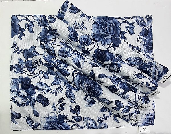 Jogo Americano Dupla Face 4 Lugares Floral na cor Azul