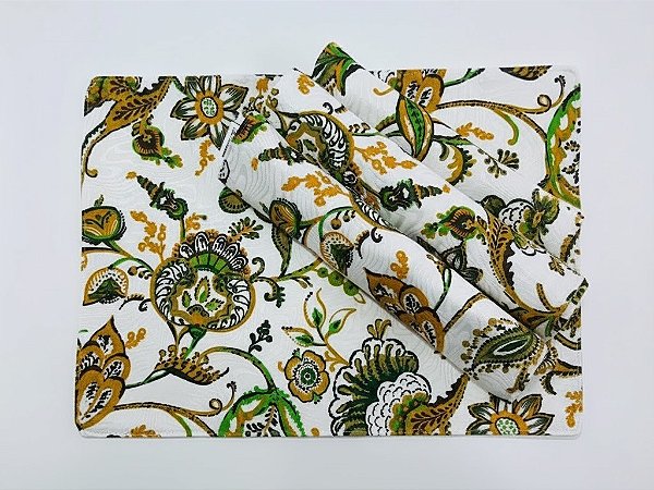 Jogo Americano Dupla Face 4 Lugares Floral na cor Verde e Laranja