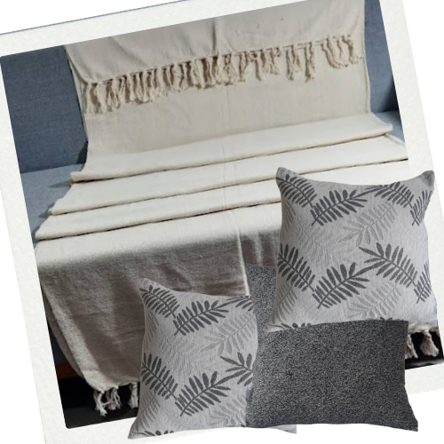 Kit Manta + Almofadas Folhas Cinza